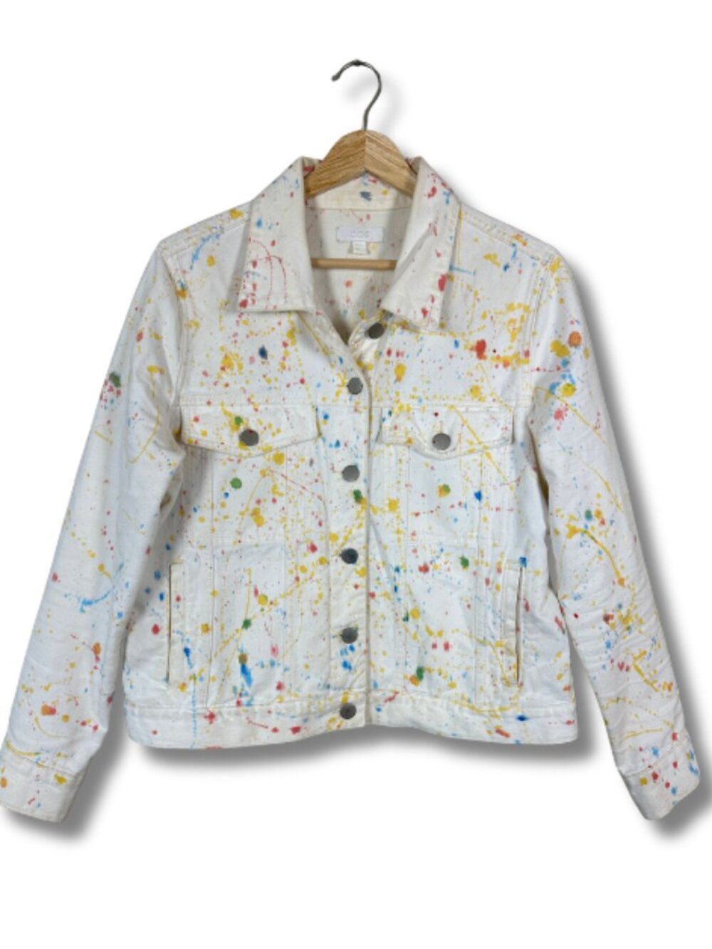 COS White Denim Jacket Colorful Paint Splatter Women's Cotton Statement Size 40